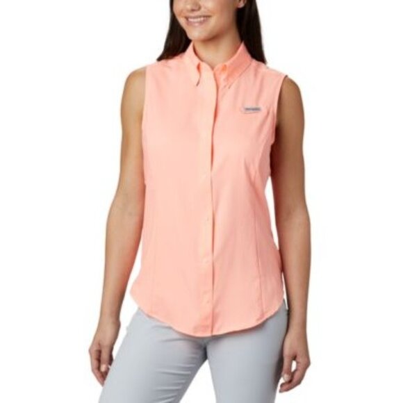 Columbia Sleeveless Coral Button-Up Shirt L Lightweight UPF Fishing Vest Style - Picture 1 of 9